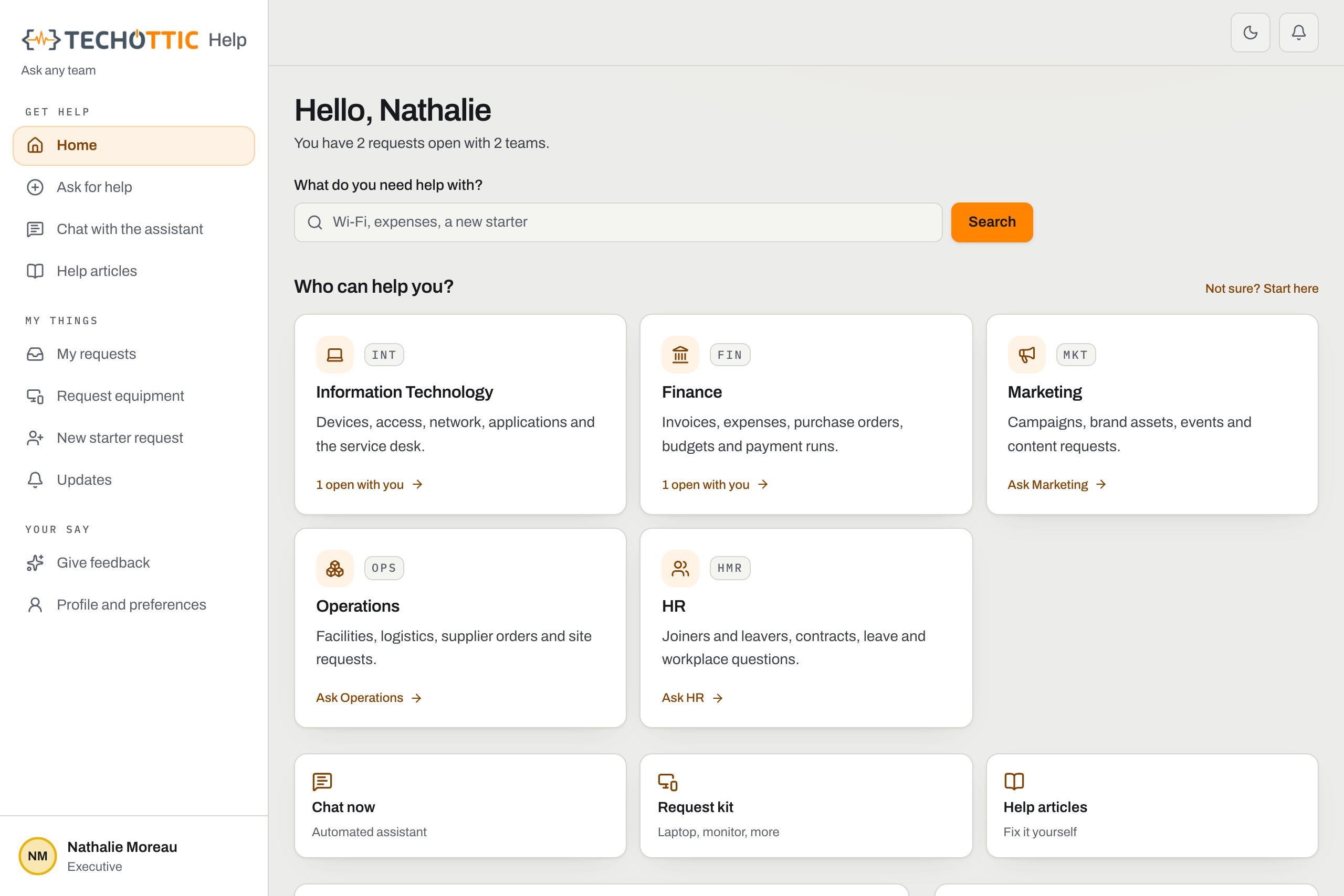 The employee portal: a Who can help you panel of five department tiles, Information Technology on INT, Finance on FIN, Marketing on MKT, Operations on OPS and HR on HMR, each with a one-line description of what it handles and either a count of that person's open requests or an invitation to ask that team